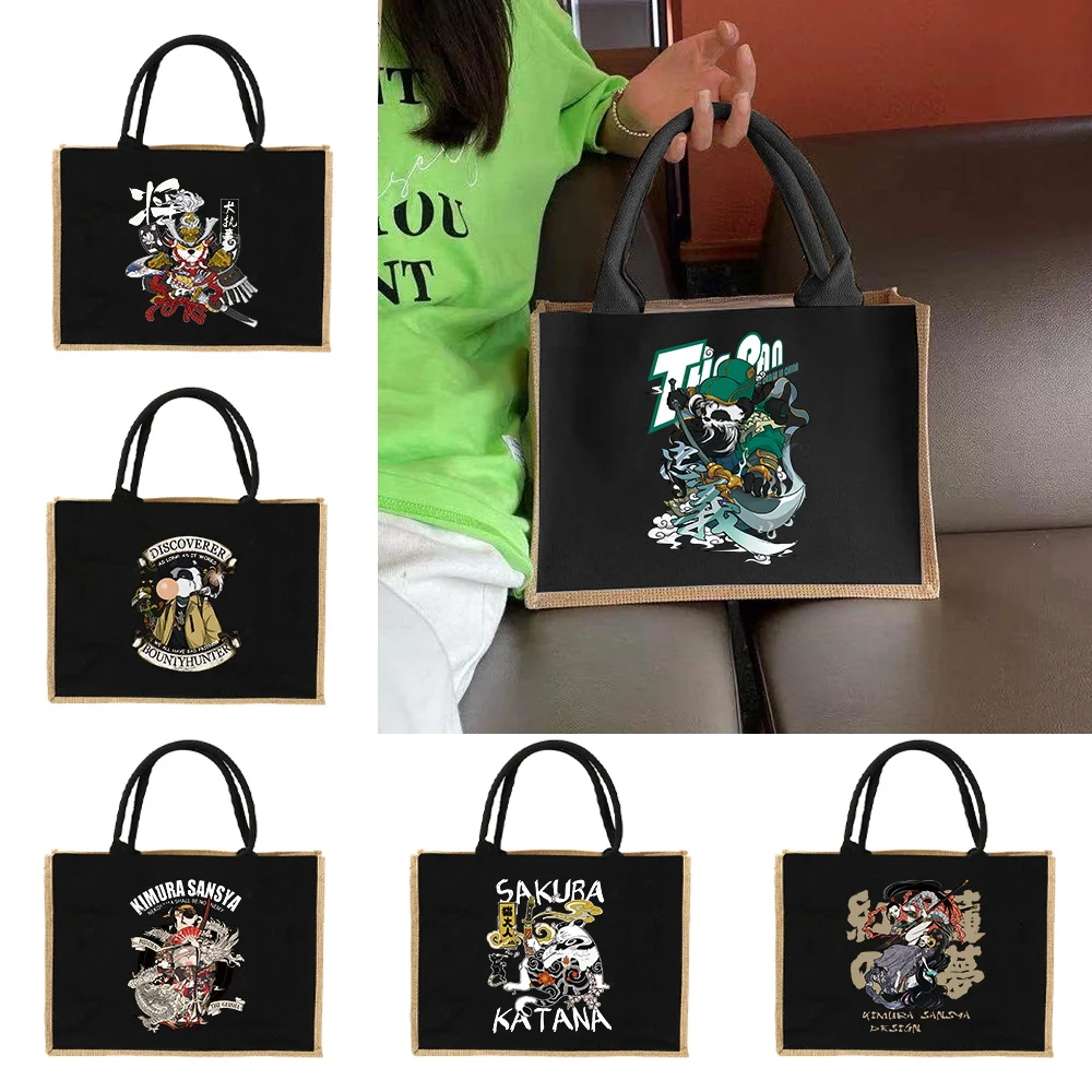 Women Bags Jute - Льняная сумка-тоут с узором «Самурай», холщовая,